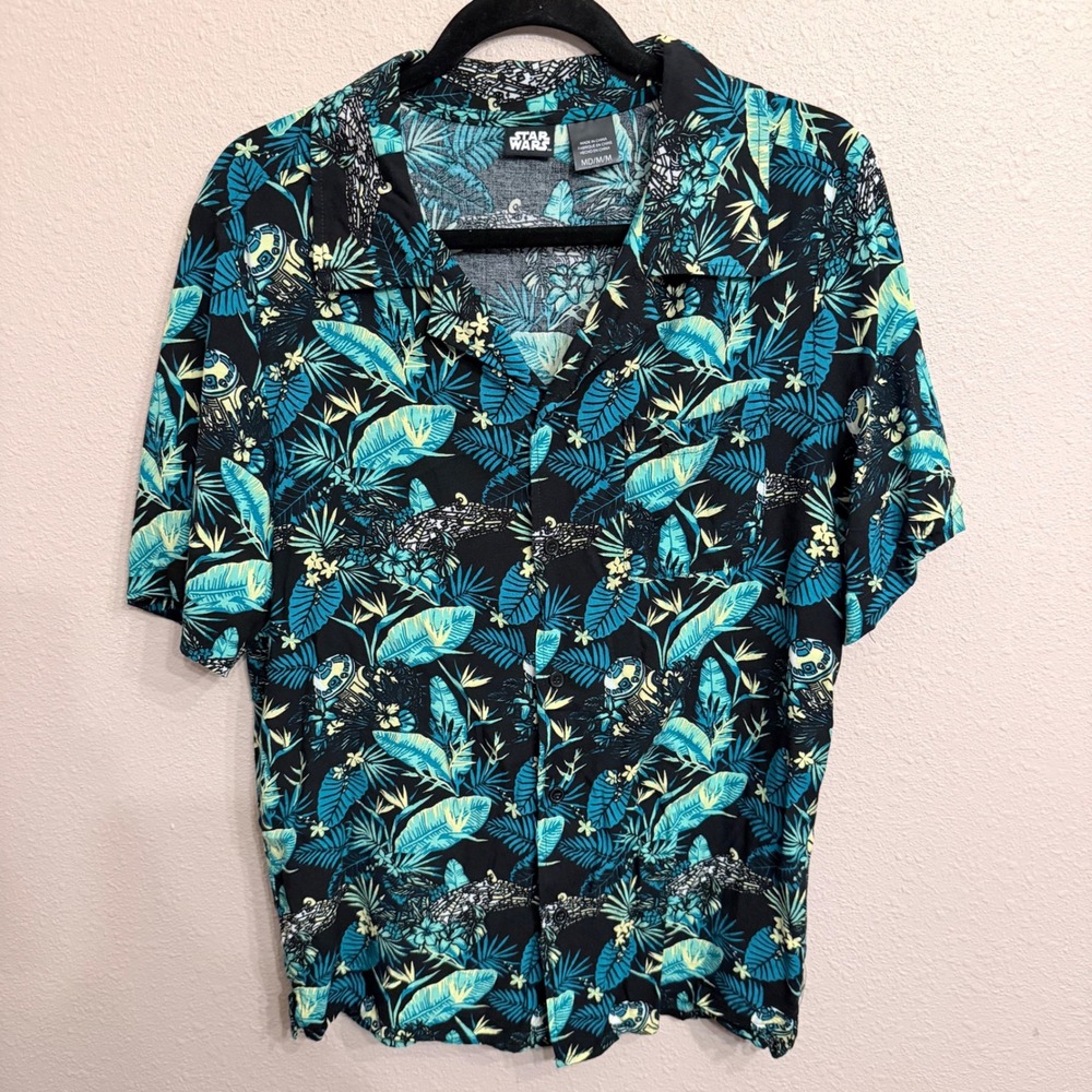 Star Wars Mens Rayon Aloha Shirt R2-D2 Millennium Falcon Tropical Teal MD